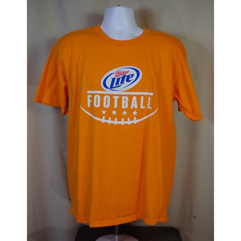Miller Lite Football Graphic T-Shirt Mens XL Orange Anvil Beer‎ Promo Tee